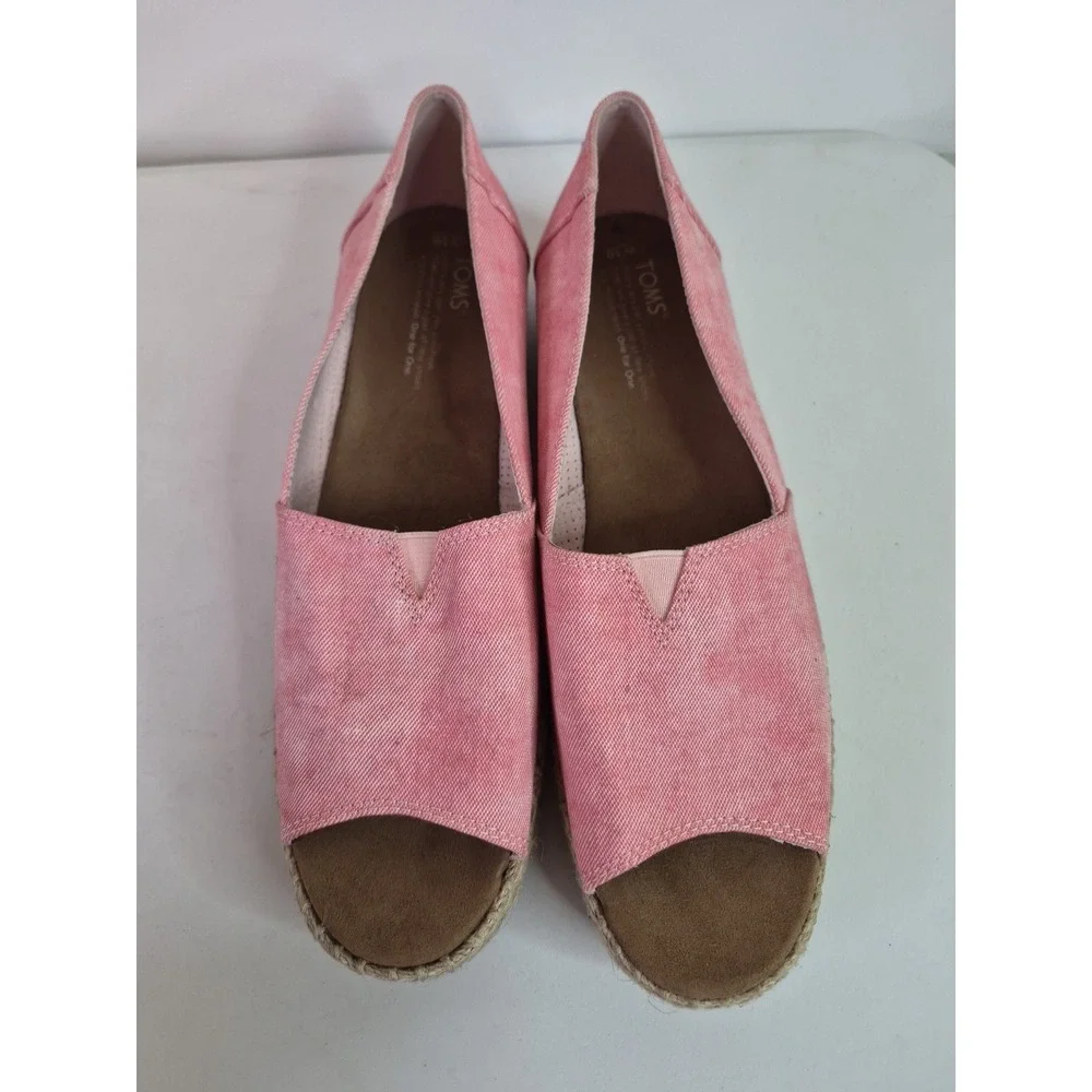 TOMS PINK / RED Chambray Espadrilles Low Wedge Peep Toe Slip On Shoes Sz 10‎
